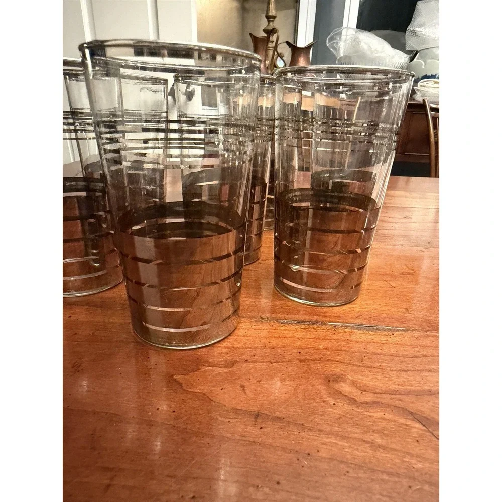 7 Vintage Mid-Century Modern Glass Silver Striped High Ball Tumblers 5 .5 X 2.5